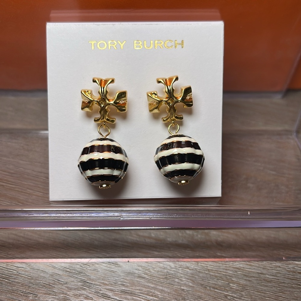 Tory Burch Roxanne Gold Enamel Striped Drop Logo Earrings - Picture 4 of 4